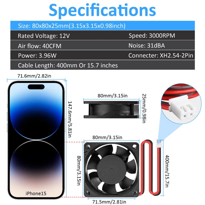PANO-MOUNTS 80mm 3.15inch 8025 12V DC High-Performance 2-Pin XH2.54 Cooling Fan for PC Power Supply/Electronics Cooling 2-Pack - Image 2